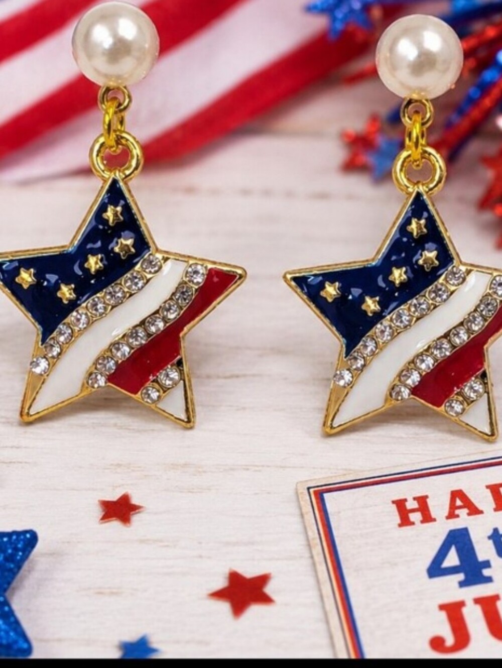 SALE 💰 Star Pearl Drop Earrings Red White Blue Rhinestone 4th of July USA